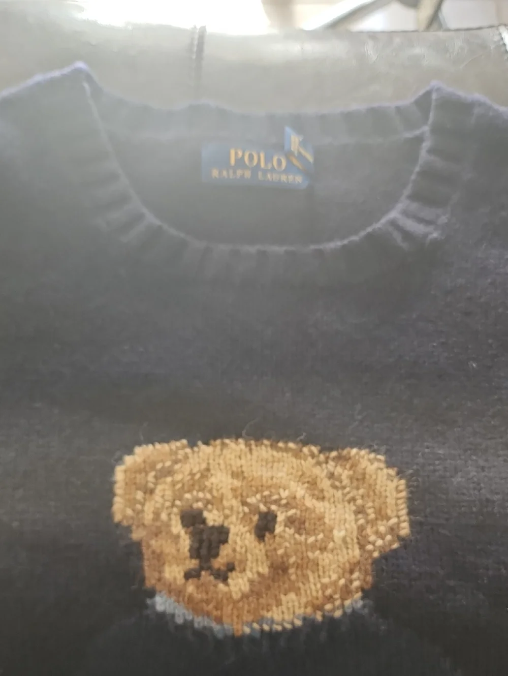 Polo by Ralph Lauren Navy Crewneck Sweater with Tan Bear Patch - Picture 1 of 4